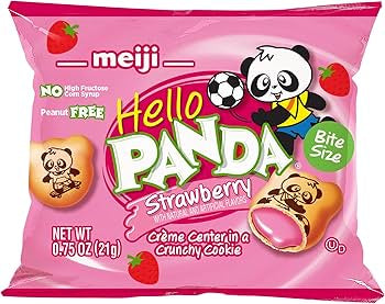 Meiji Hello Panda strawberry 
(individual packets) net WT 0.75 OZ (21g)